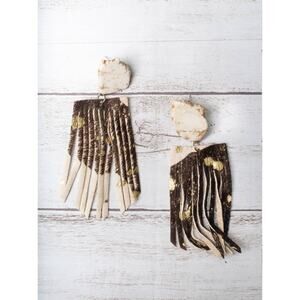 Let's Go Girls Cream Slab Stud With Brown Gold Foil Cowhide Fringe Earrings